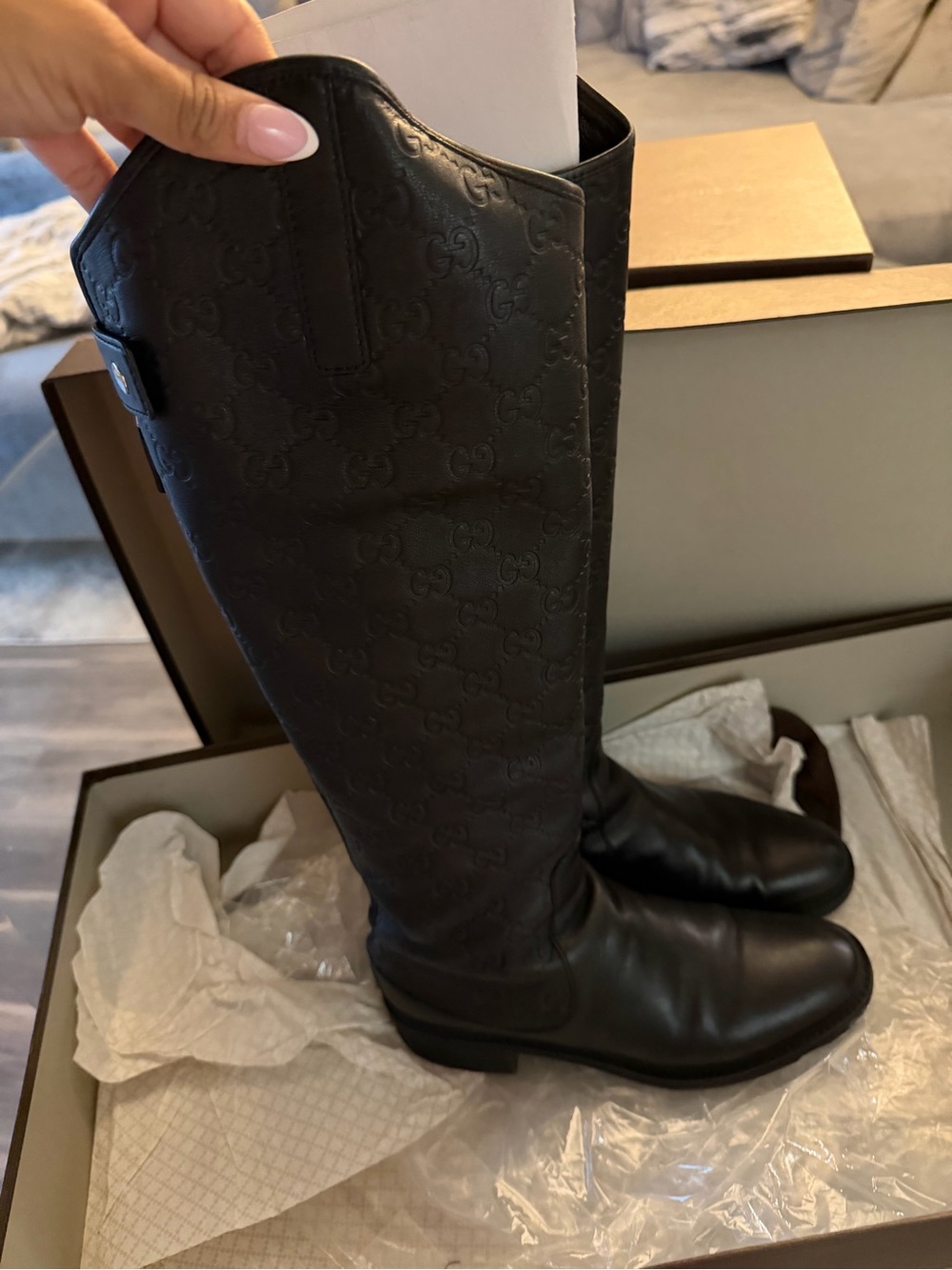 Gucci Black Embossed GG Over-The-Knee Leather Boots size 37 - Picture 3 of 4